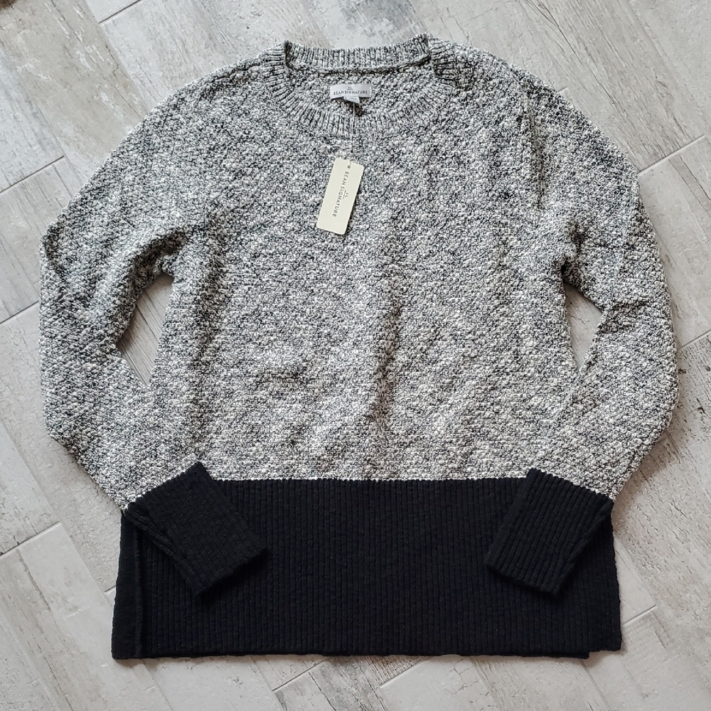New LLBean Signature Cream Gray Black Knit Sweater Cotton Linen Blend Small